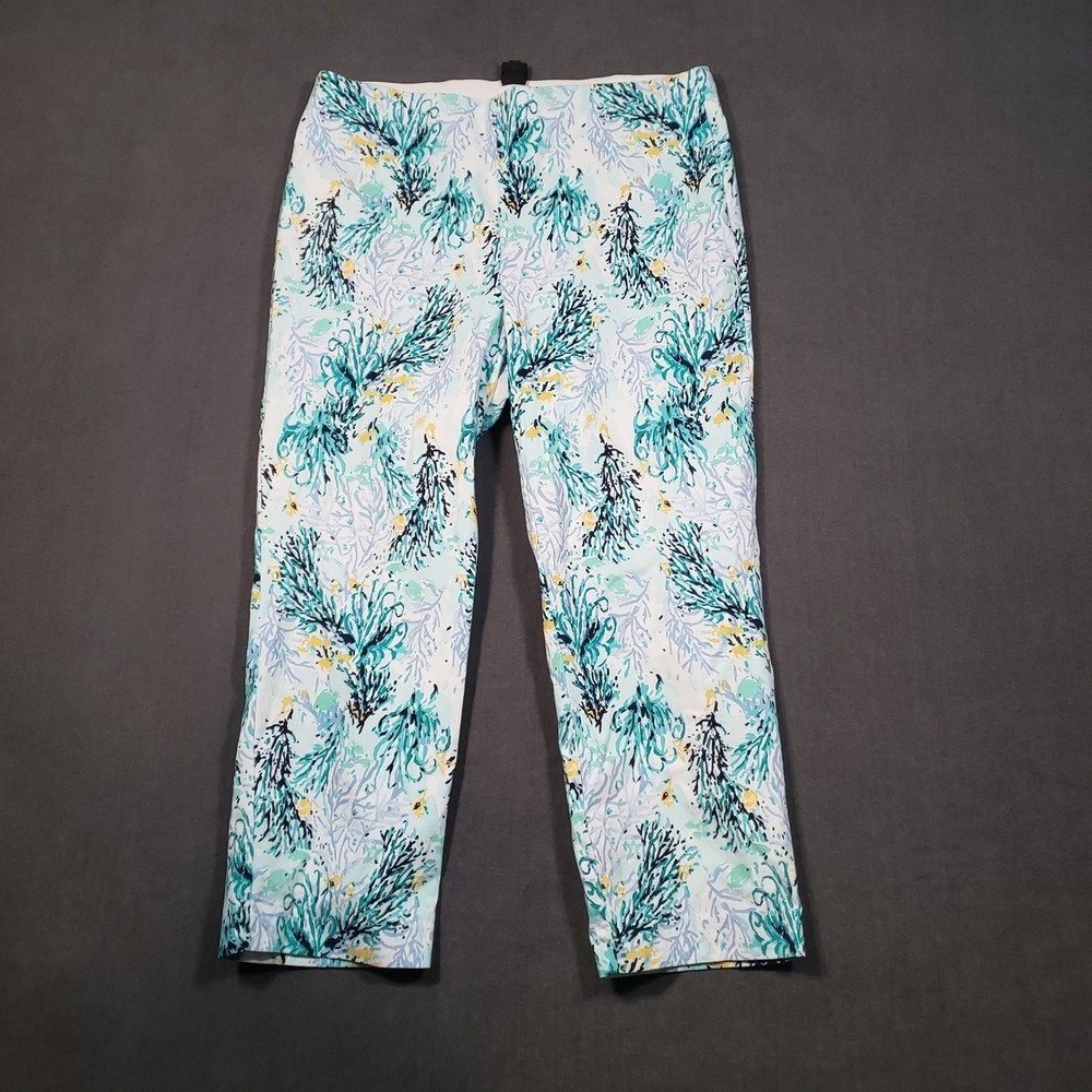 Charter Club Cropped Pants Womens 10 Blue White Coral Reef Print Stretch Pull On